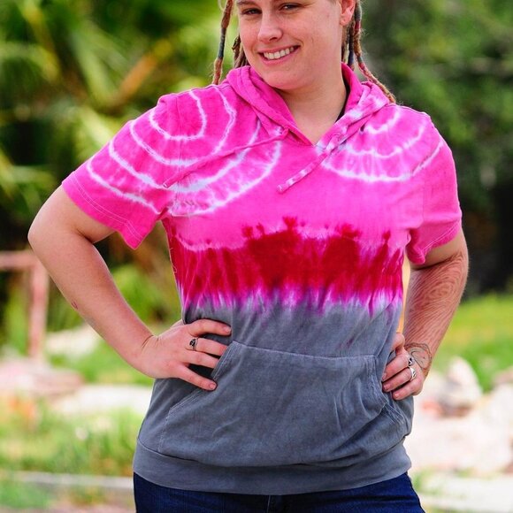 Crafty Cosmic Creation Tops - Hooded Short Sleeve Tie Dye Tee with Front Pocket - Unisex - Bella Canvas